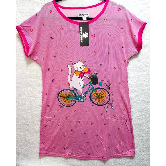 S.Christina Other - Misses Medium Cute Cat Bicycle Print Pink Pinstriped T Shirt Dress S.Christina